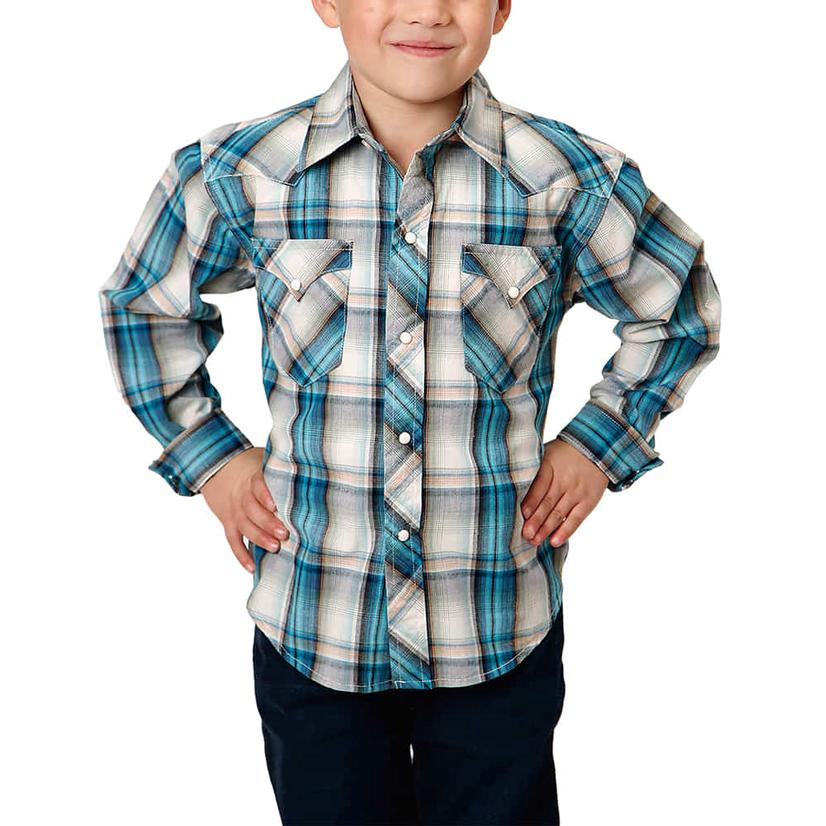 Roper Vintage Turquoise Plaid Boys Long Sleeve Shirt