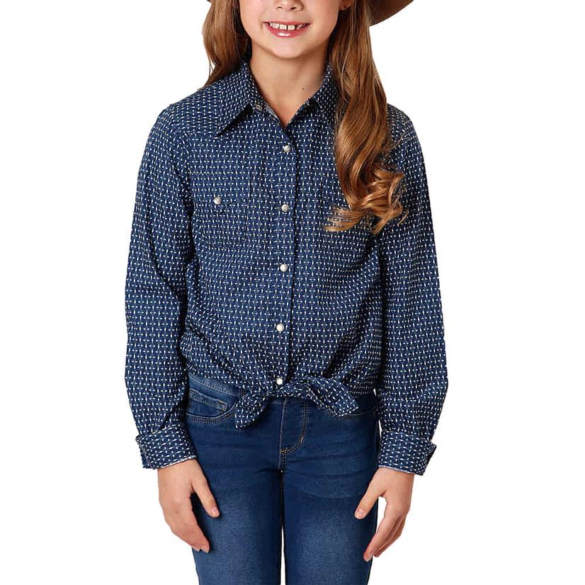 Roper West Made Navy Print Long Sleeve Snap Girls Shirt