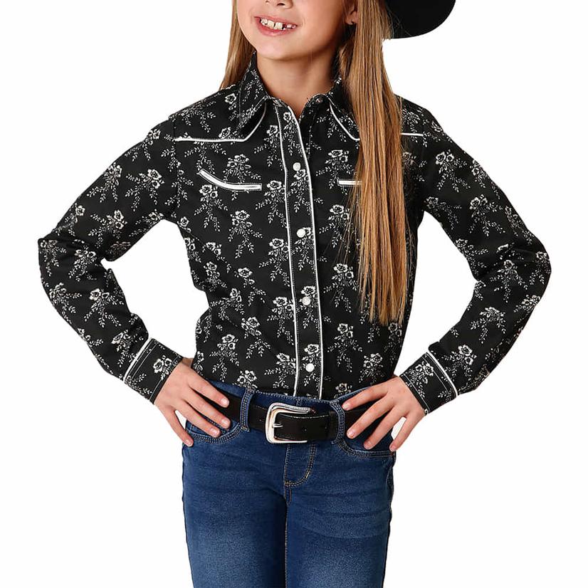 Roper Karman Western Black White Floral Print Snap Long Sleeve Girl's Shirt