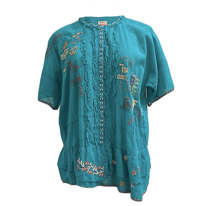 Johnny Was Teal Voyage Short Sleeve Women's Top