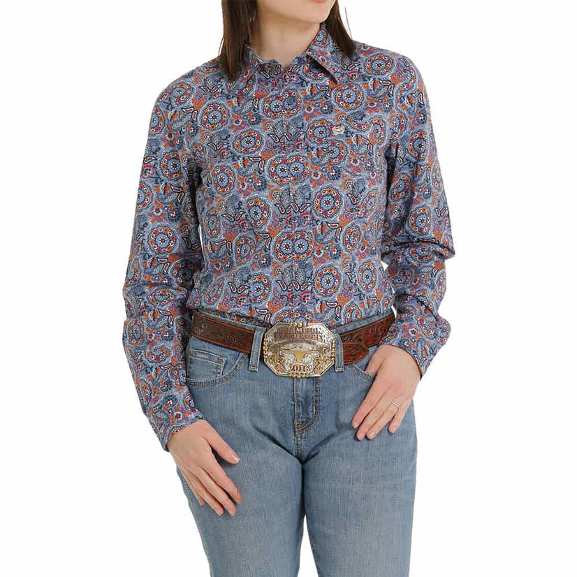 Cinch Blue Geo Print Long Sleeve Button-Down Women's Shirt