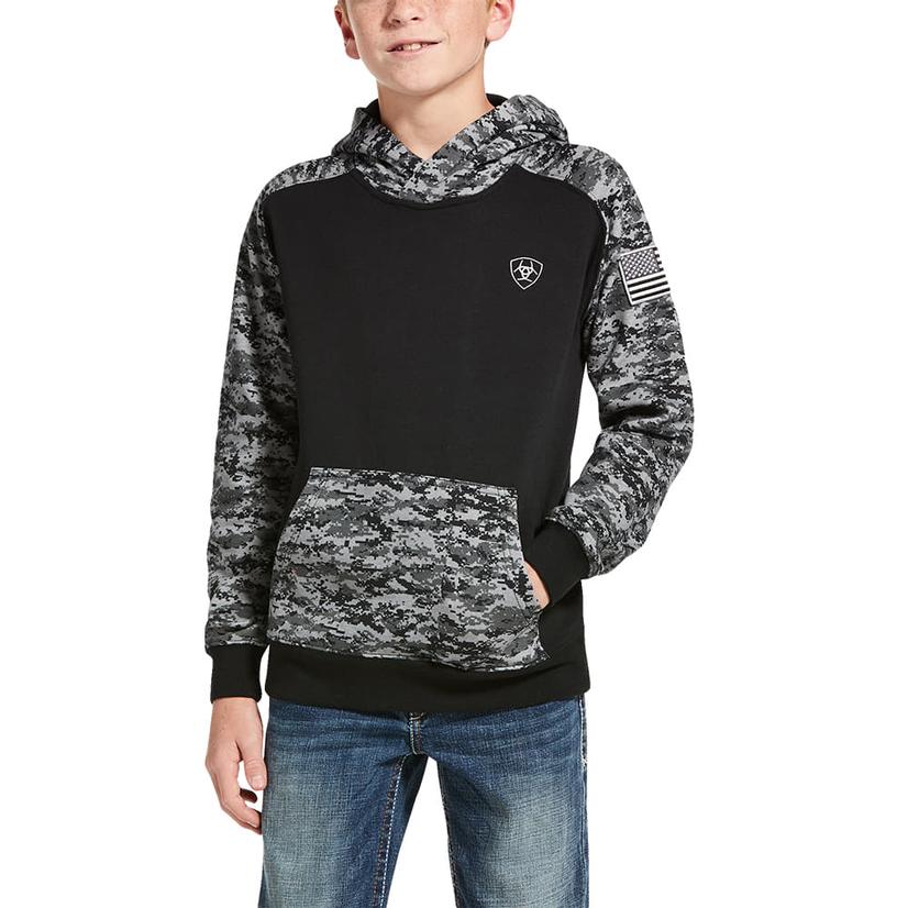 Ariat Grey and Black Digi Camo Print Patriot Boy's Hoodie