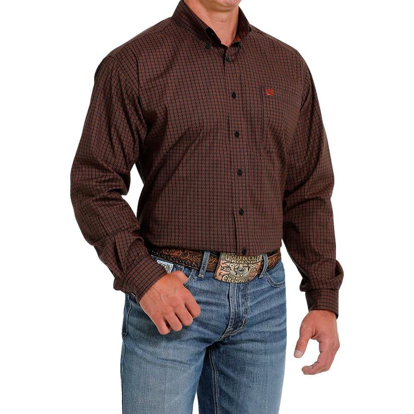 Cinch Black Red Print Long Sleeve Button-Down Men's Shirt