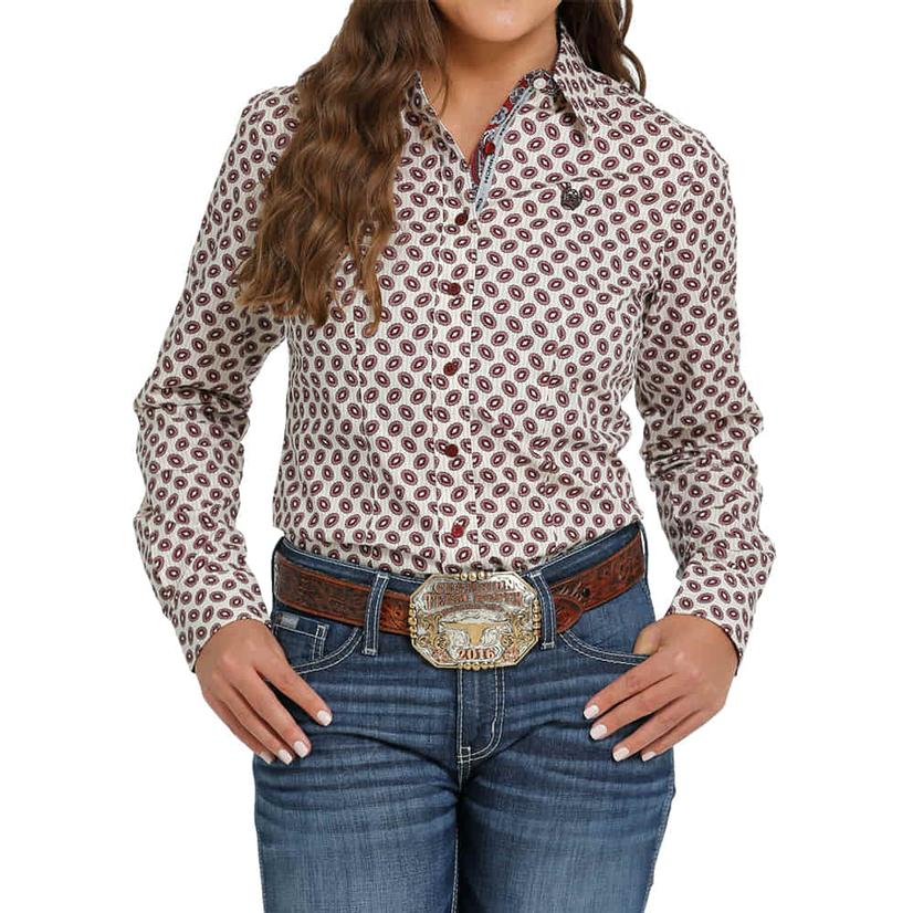 Cinch Red Print Long Sleeve Button-Down Women's Shirt