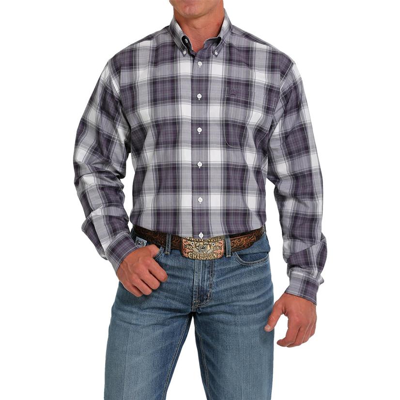 Cinch Classic Fit Purple Plaid Long Sleeve Button-Down Men's Shirt