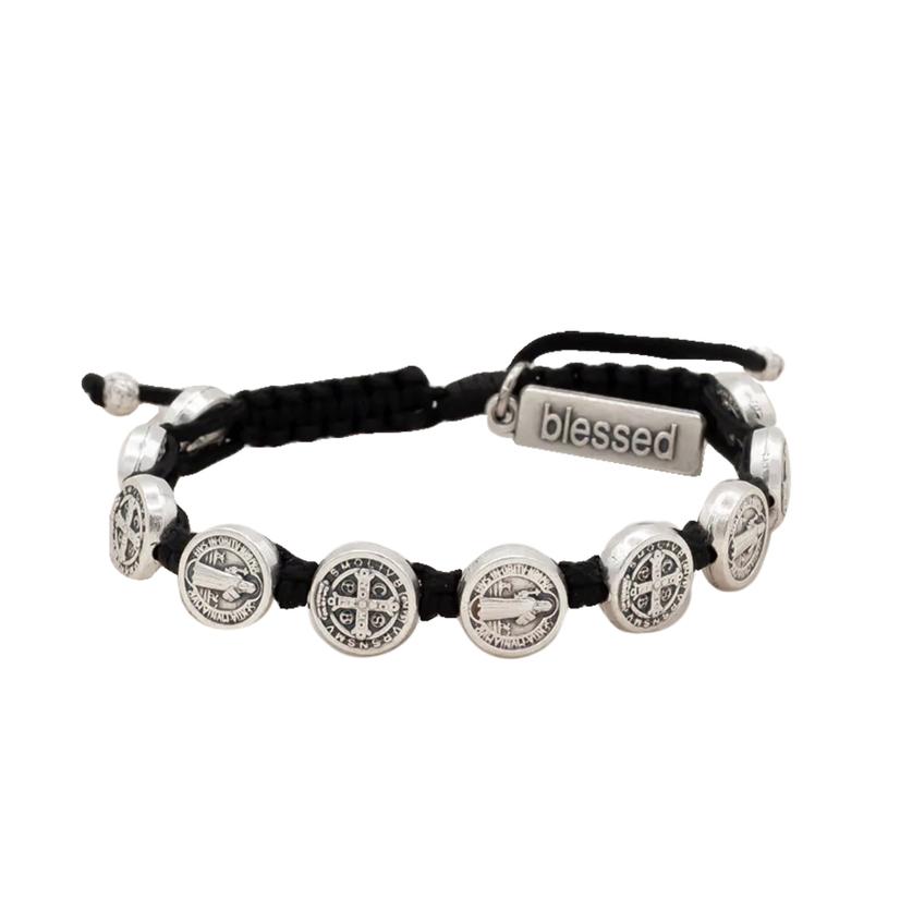 My Saint My Hero Jewelry Benedictine Blessing Silver Charm Black Bracelet