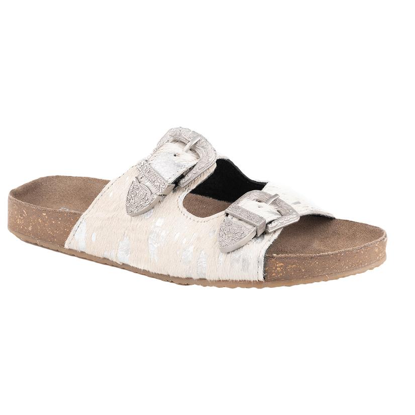 Roper White And Silver Hair On Hide Leather Double Buckle Footbed Women's Sandal