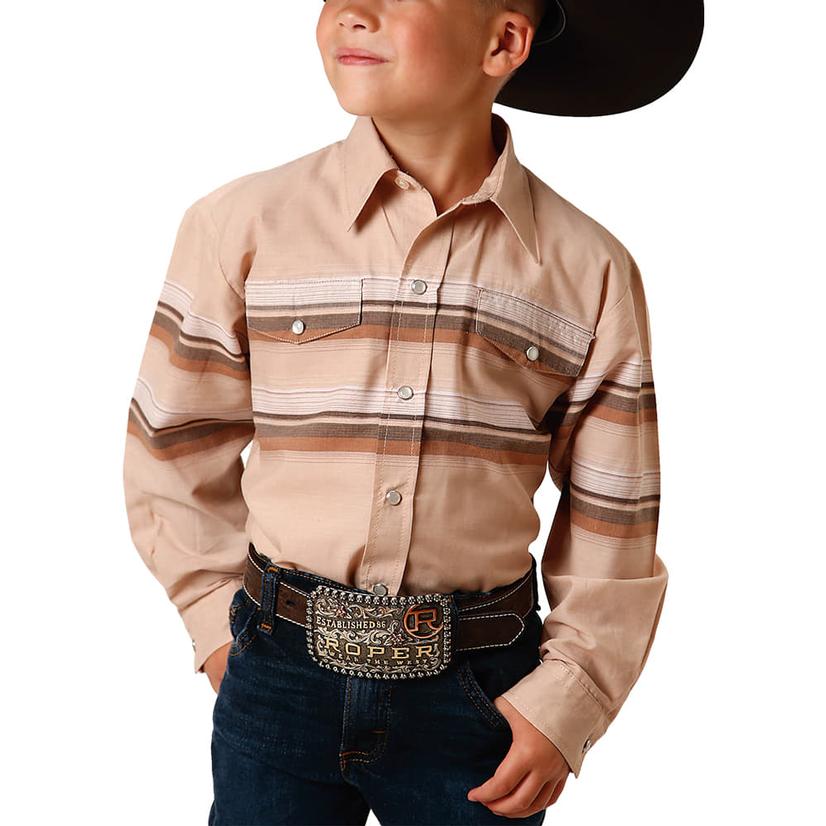 Roper Tan Border Stripe Long Sleeve Snap Boy's Shirt