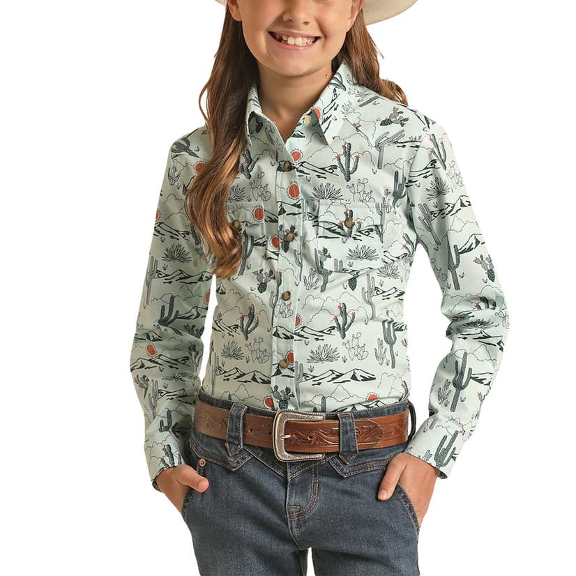 Rock and Roll Cowgirl Dale Brisby Cactus Print Long Sleeve Snap Girl's Shirt