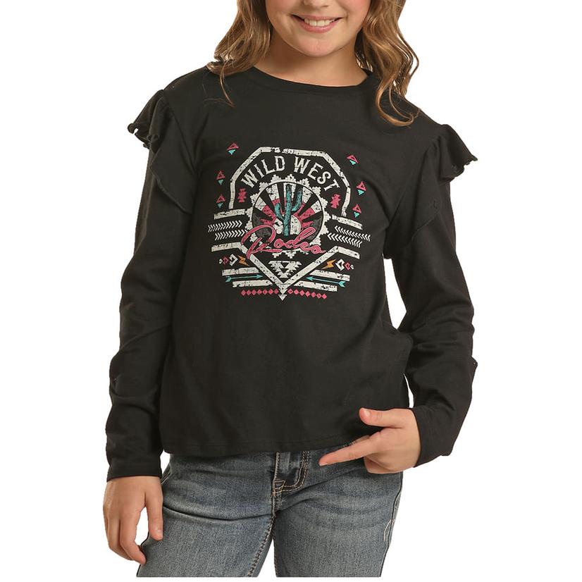 Rock and Roll Cowgirl Black Graphic Wild West Girl's Long Sleeve Tee