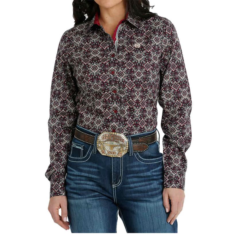 Cinch Burgundy Print Long Sleeve Button-Down Women's Shirt