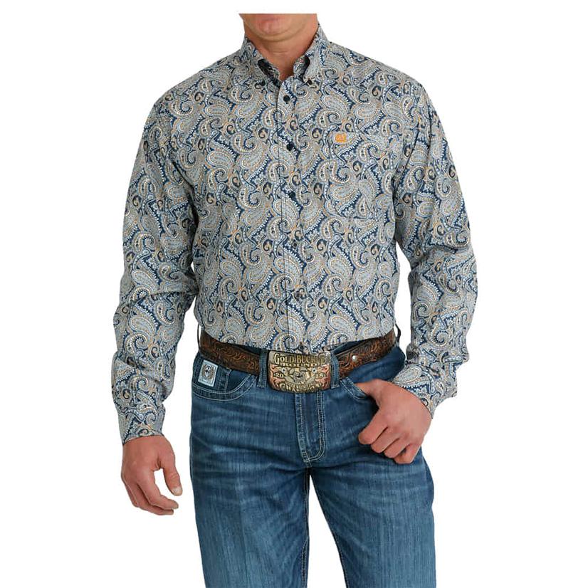 Cinch Blue Printed Long Sleeve Button-Down Men's Shirt