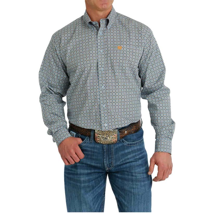 Cinch Blue Printed Button-Down Long Sleeve Men's Shirt