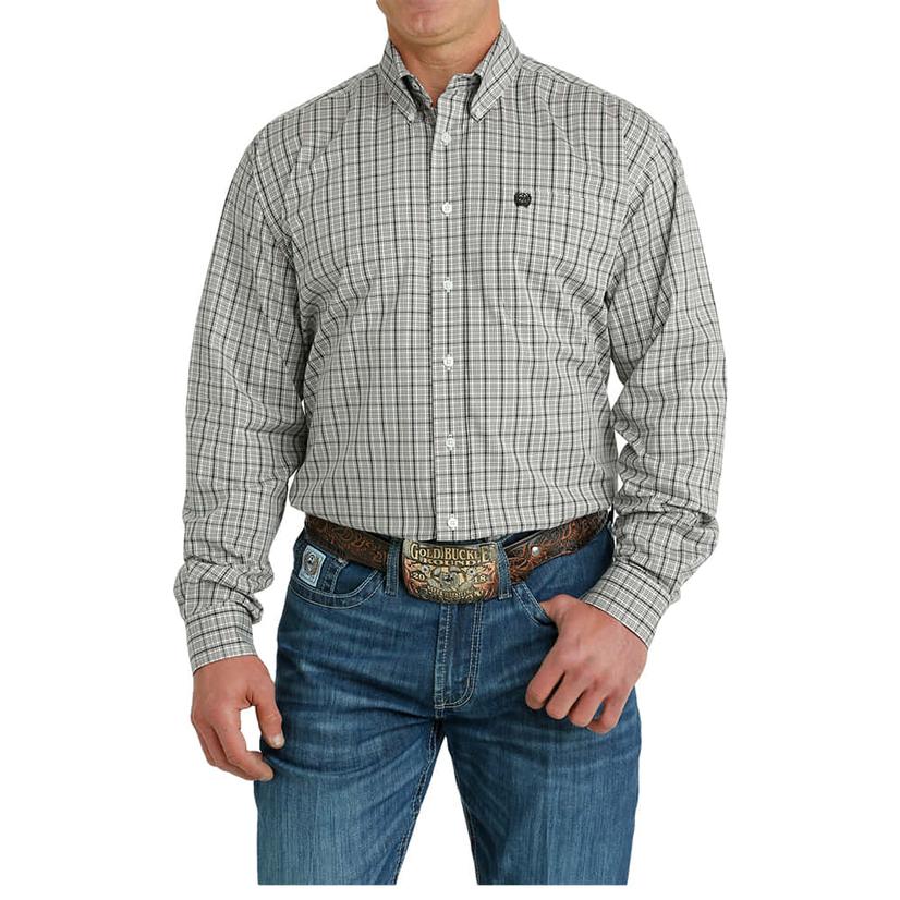 Cinch Plaid Long Sleeve White Button-Down Men's Shirt