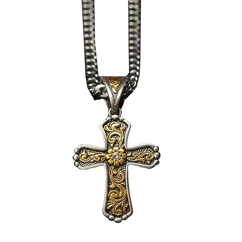 Twister Gold and Silver Tooled Pattern Cross Necklace