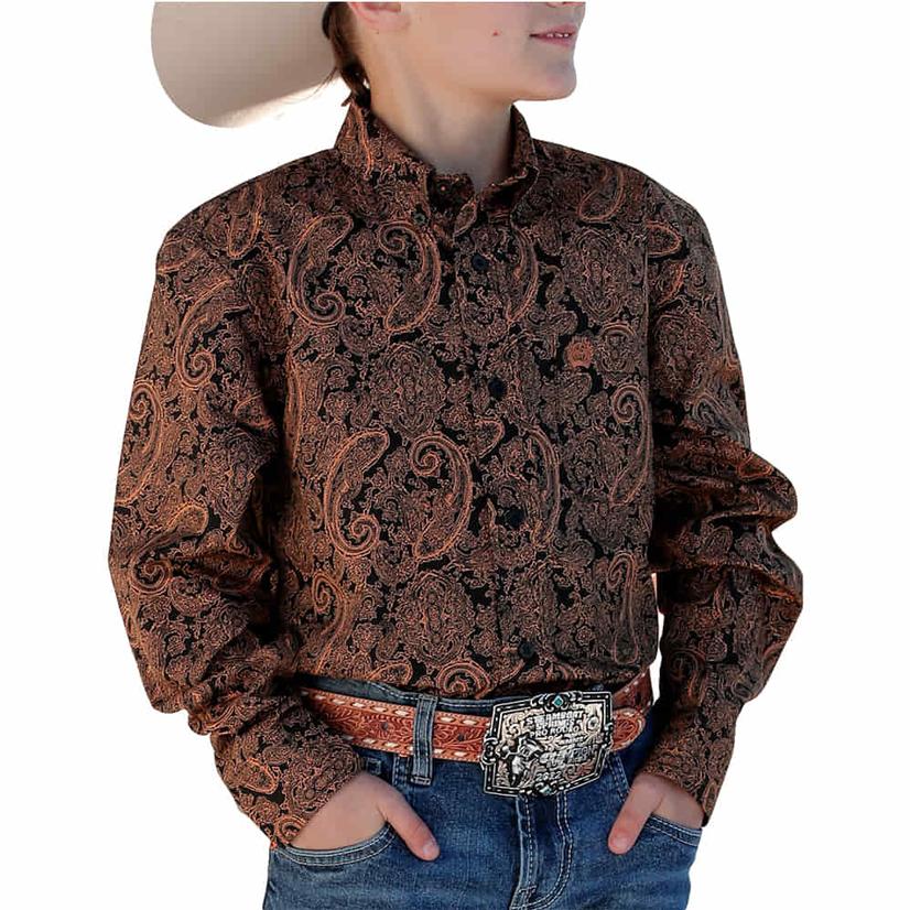 Cinch Printed Gold Long Sleeve Button-Down Boy's Shirt