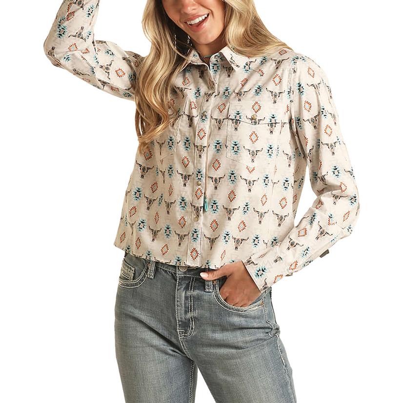 Rock and Roll Cowgirl Skull Print Boxy Long Sleeve Snap Women's Shirt