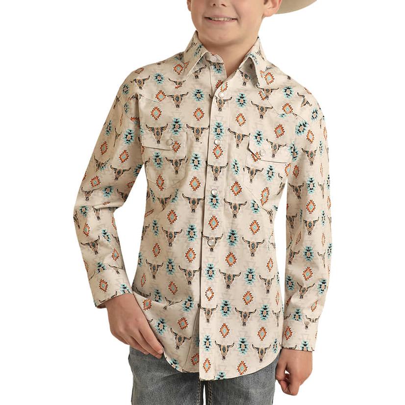 Rock And Roll Turquoise Print Dale Brisby Long Sleeve Buttondown Boy's Shirt