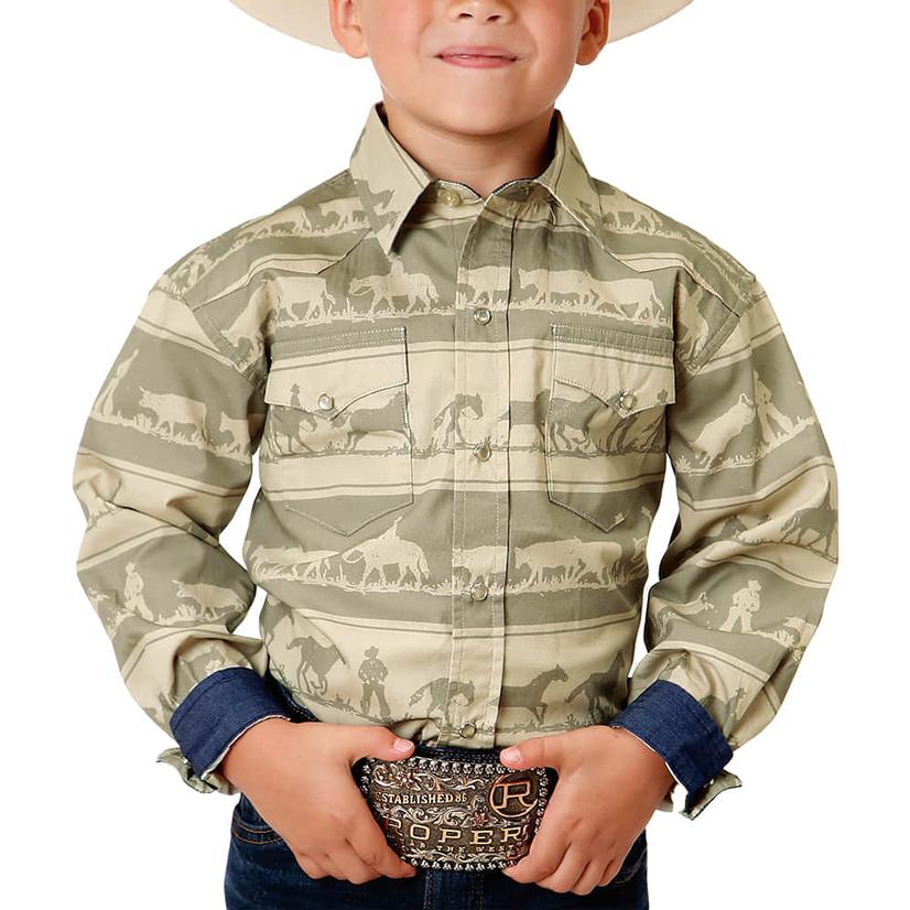 Roper Tan Green Cowboy Print Long Sleeve Buttondown Boy's Shirt