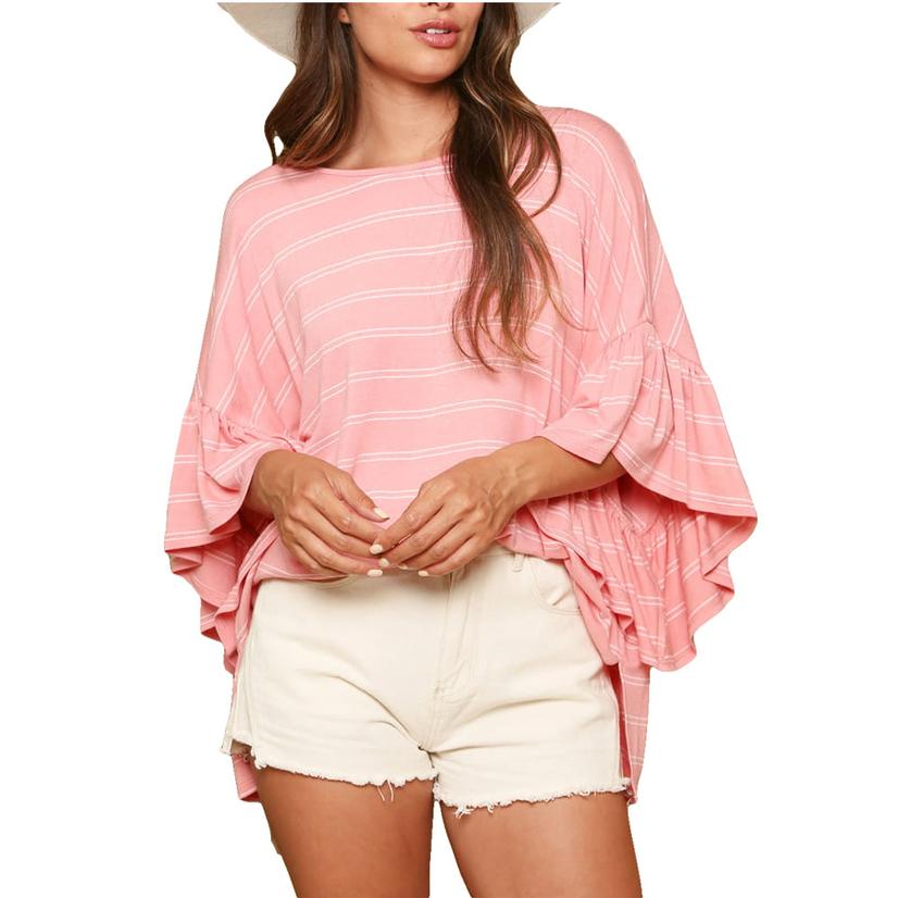 Pink Stripe Knit Flutter Sleeve Women's Top