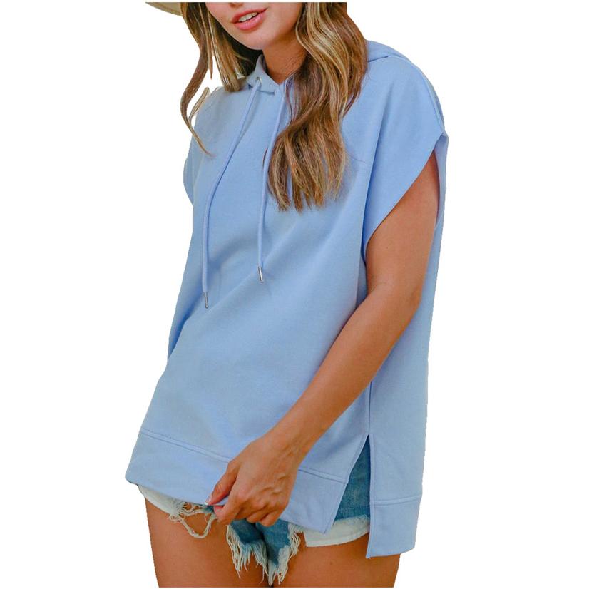 Loose Fit Blue Short Sleeve Women's Hoodie