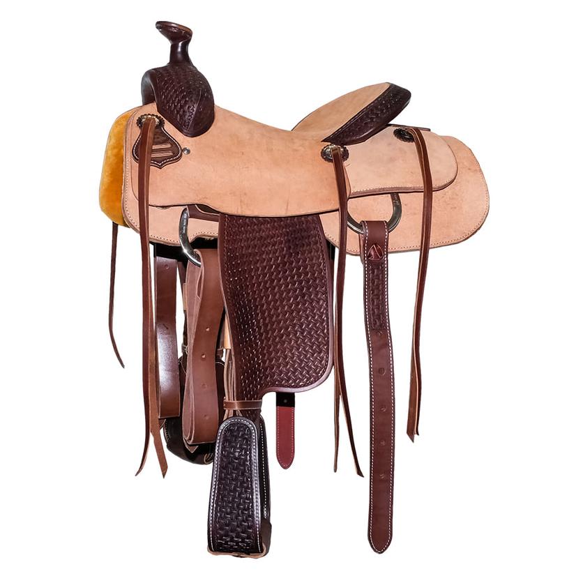 STT Custom Dark Chocolate Quarter Axe Tool Three-Quarter Roughout Team Roping Saddle