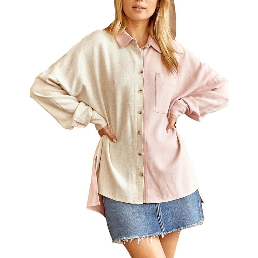 Andree By Unit Mauve Color Block Long Sleeve Button-Down Women's Shirt