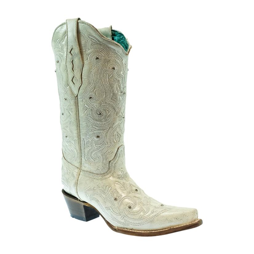 Corral Bone Crystal Embroidered White Snip Toe Women's Boots