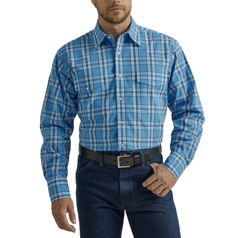 Wrangler Wrinkle Resistant Blue Plaid Long Sleeve Buttondown Men's Shirt