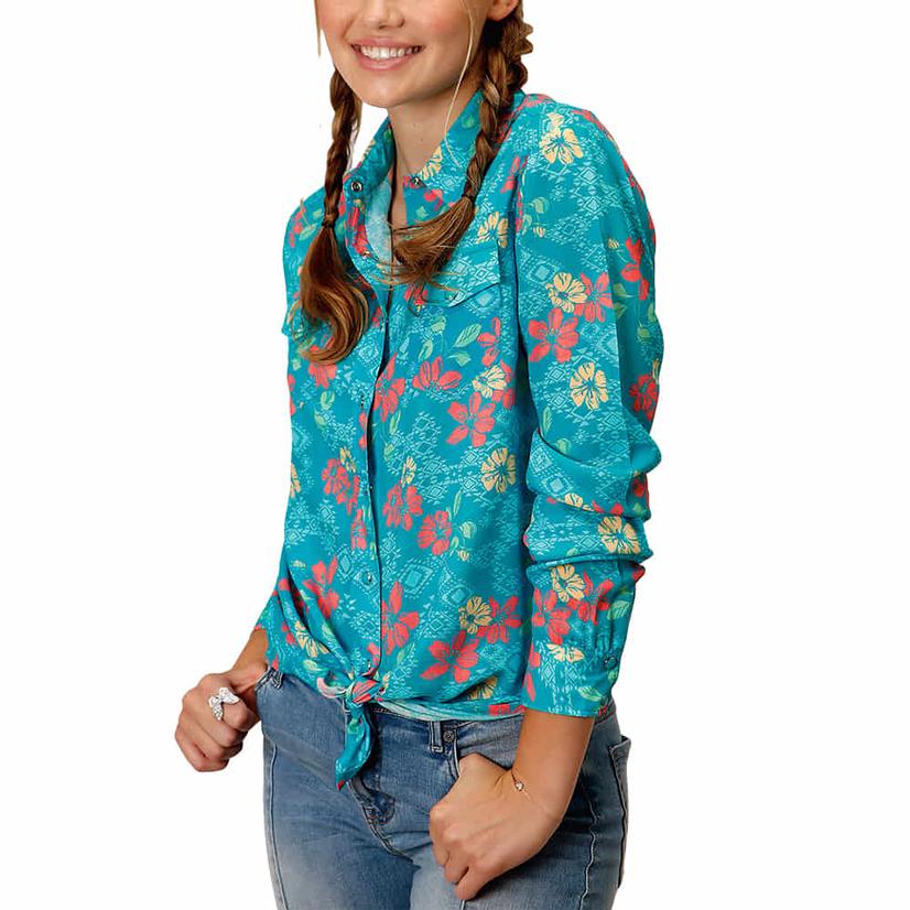 Roper Teal Tropical Print Long Sleeve Buttondown Women's Shirt