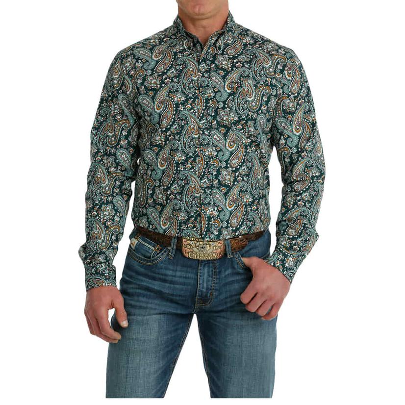 Cinch Modern Fit Green Paisley Long Sleeve Button-Down Men's Shirt