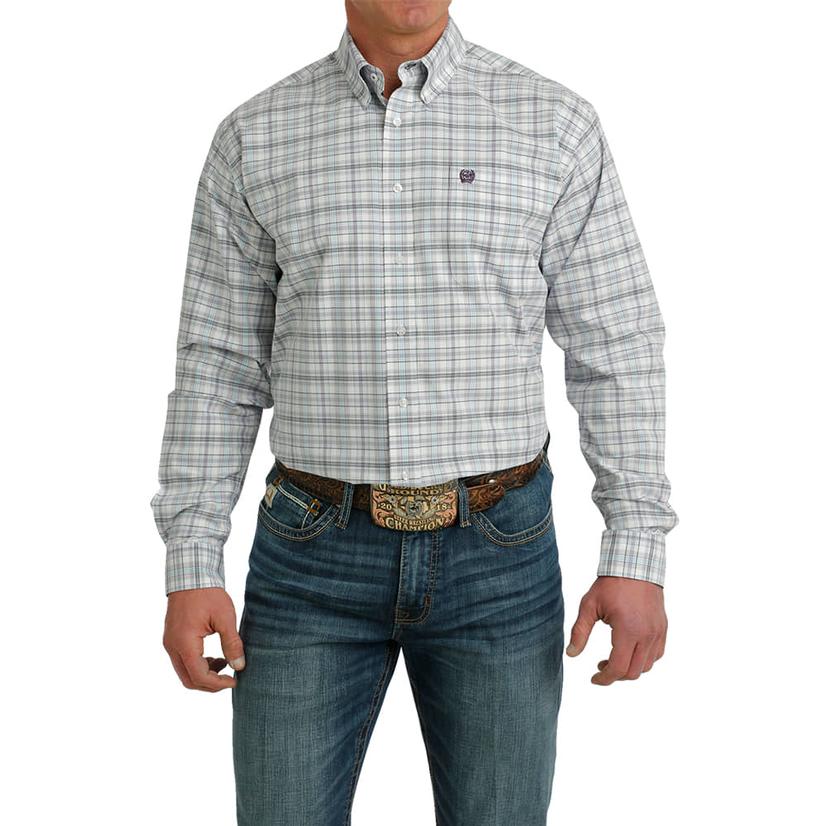 Cinch Plaid White Men's Long Sleeve Buttondown Shirt