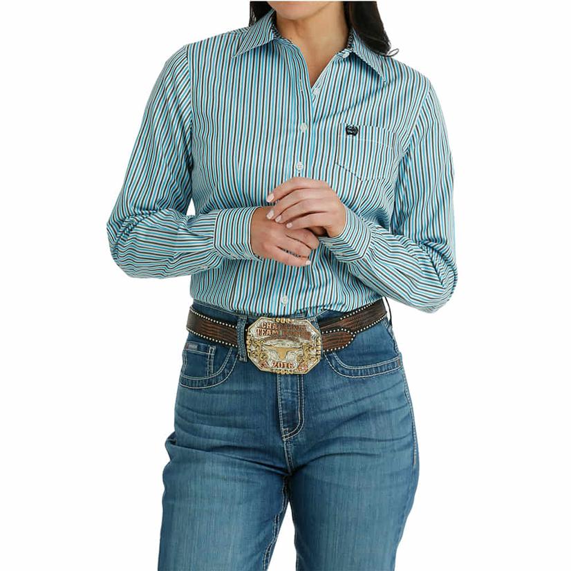 Cinch Blue Striped Tencil Long Sleeve Button Down Women's Shirt