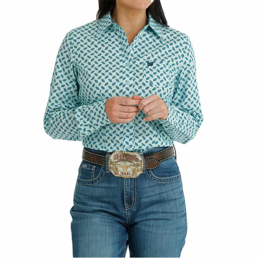 Cinch Blue Geo Print Long Sleeve Button Down Women's Shirt