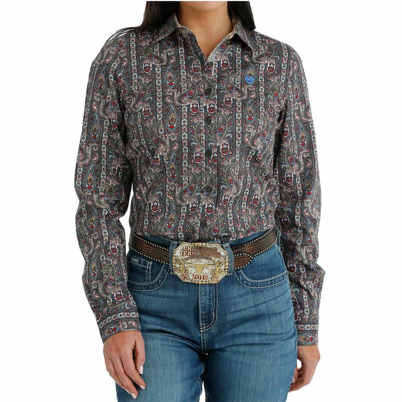 Cinch Printed Gray Long Sleeve Buttondown Ladies Shirt