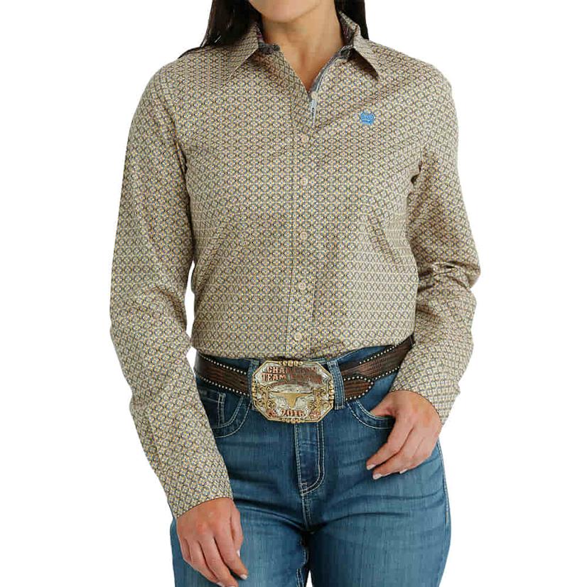 Cinch Printed Cream Long Sleeve Buttondown Ladies Shirt