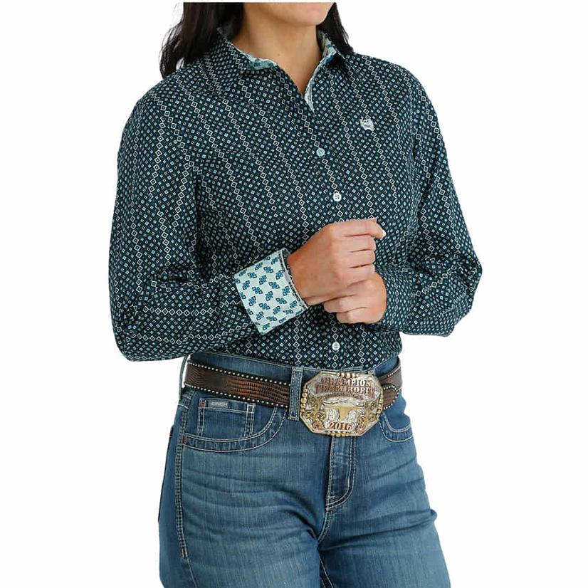 Cinch Blue Diamond Stripe Long Sleeve Button-Down Women's Shirt