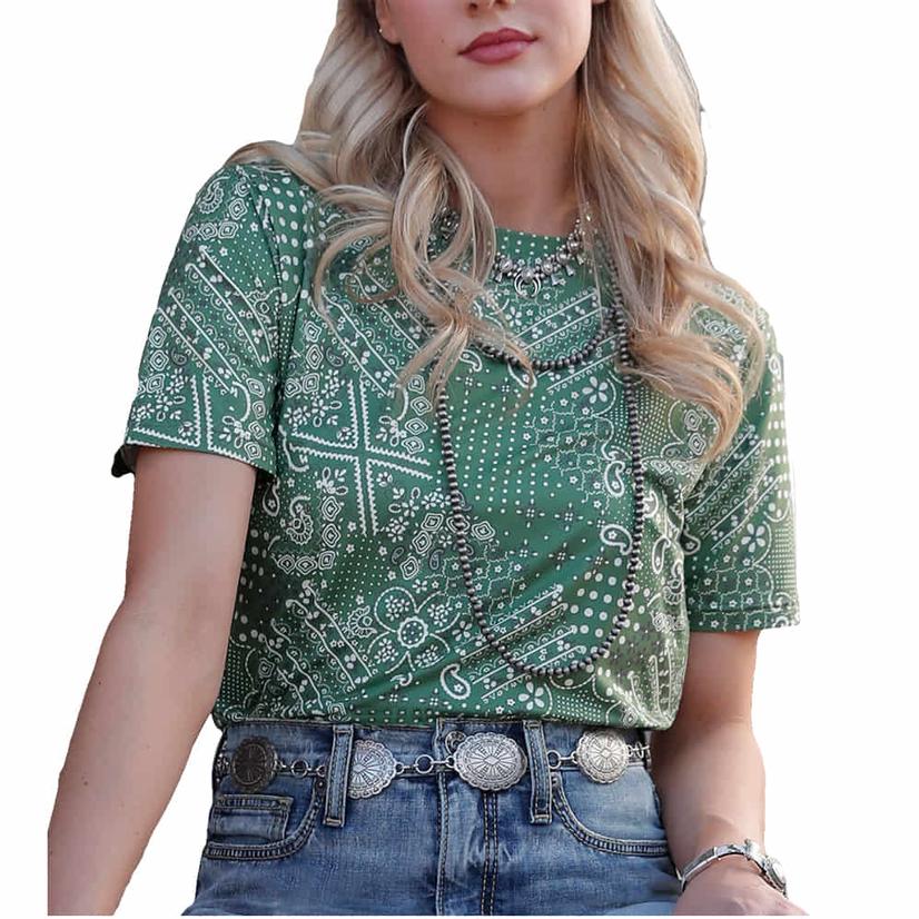 Cruel Girl Green Bandana Print Short Sleeve Women's Shirt