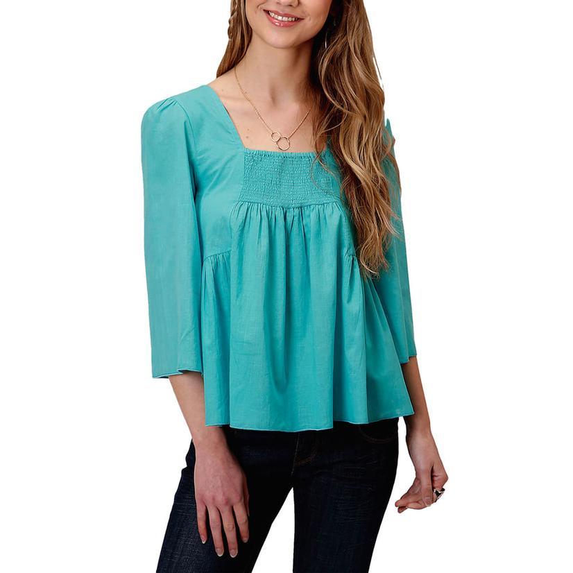 Roper Solid Turquoise Square Neck Ladies Blouse