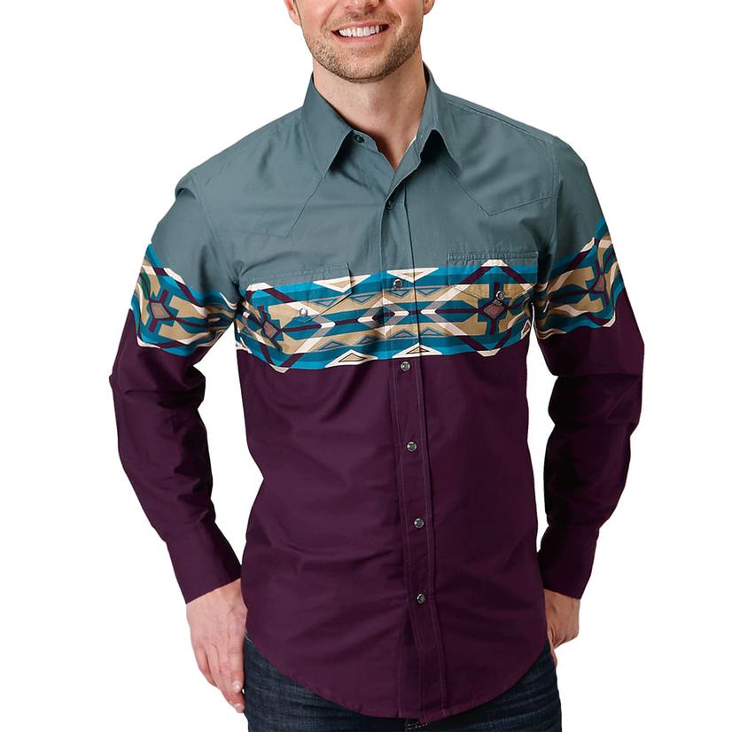 Roper Wine Border Print Long Sleeve Snap Men's Shirt