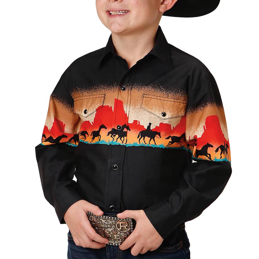 Roper Black Border Print Long Sleeve Snap Boy's Shirt