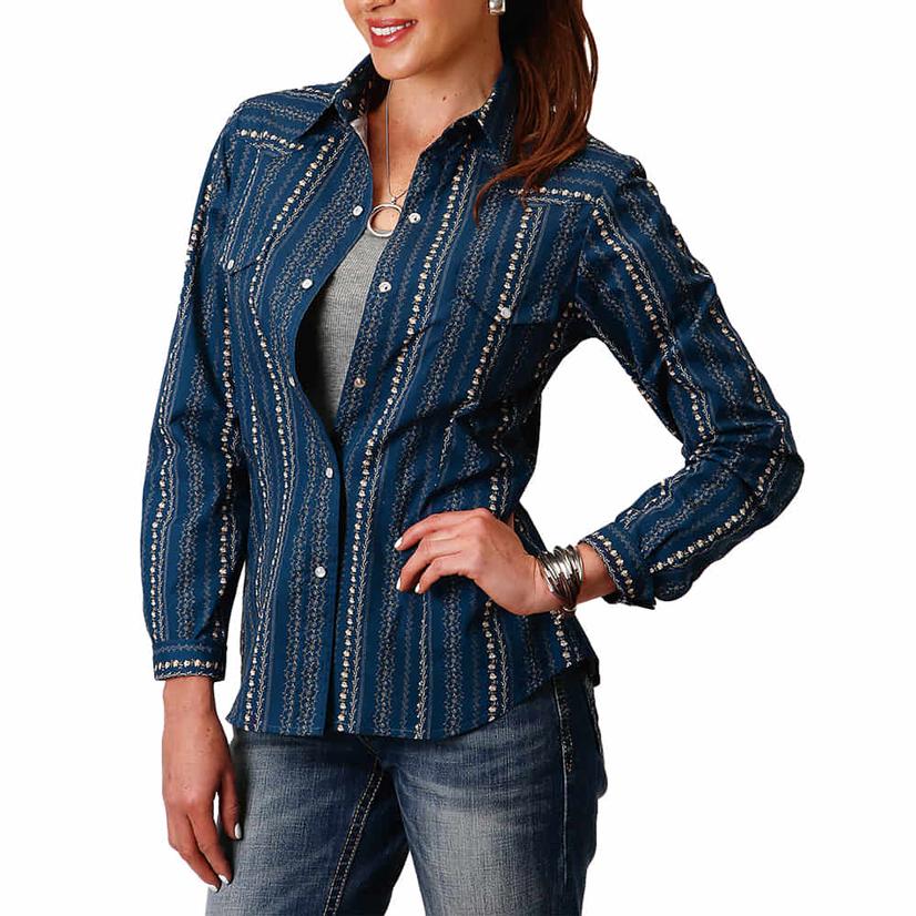 Roper Classic Navy Floral Stripe Long Sleeve Snap Women's Shirt