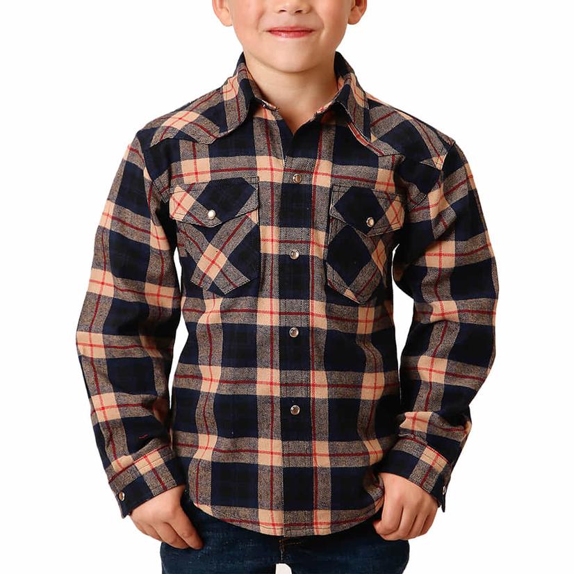 Roper Black and Tan Plaid Long Sleeve Flannel Boys Shirt