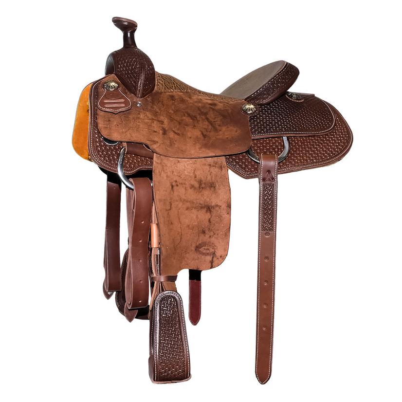 STT Half Chocolate Windmill Tool Half Roughout Elephant Print Seat Team Roping Saddle