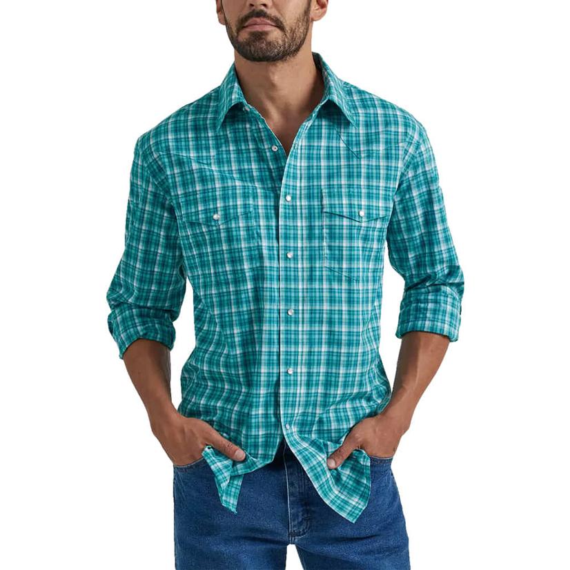 Wrangler Long Sleeve Wrinkle Resist Teal Button-Down Men's Shirt