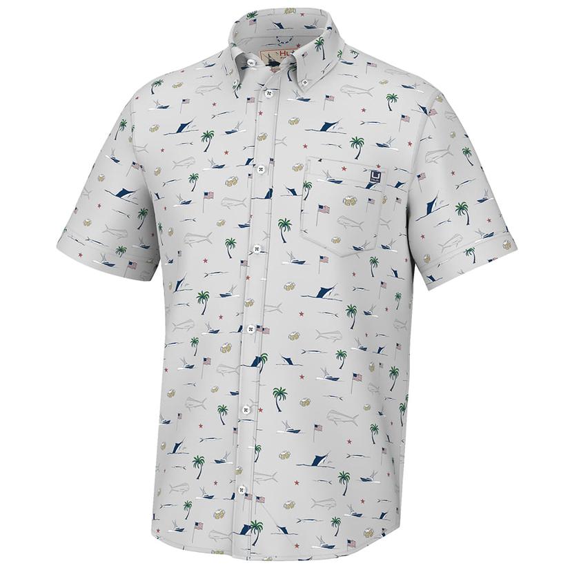 Huk KC Kona Fish Beach Freedom Harbor Mist Men's Short Sleeve Shirt