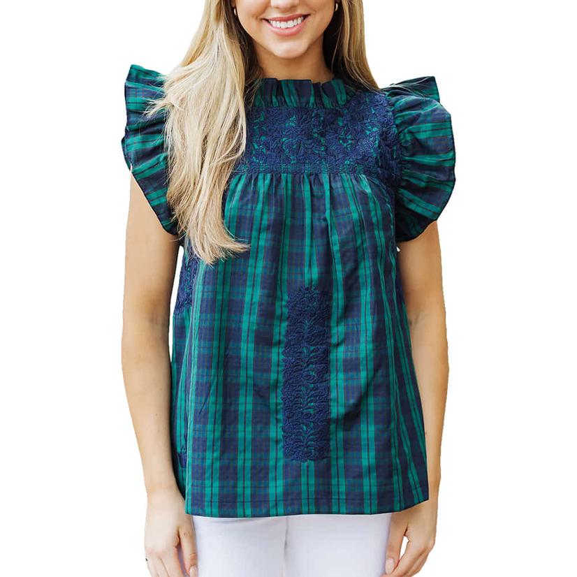 J.Marie The Joyce Ruffle Neck Green Plaid Women's Blouse