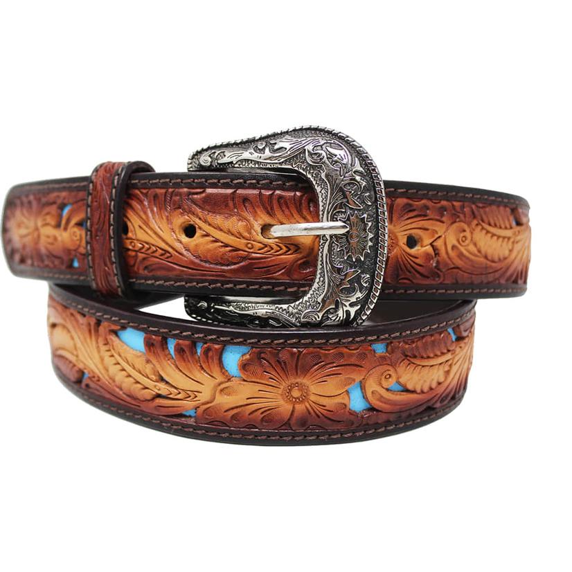 South Texas Tack Turquoise Flower Tooled Men's Leather Belt