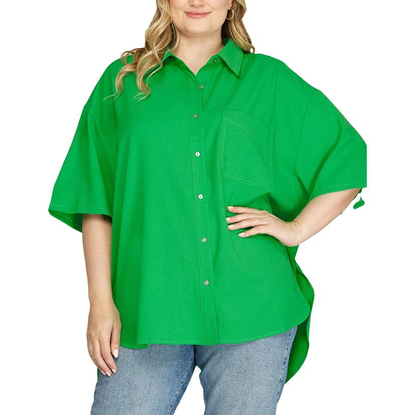 She + Sky Green Half Sleeve Plus Size Women's Button-down Shirt