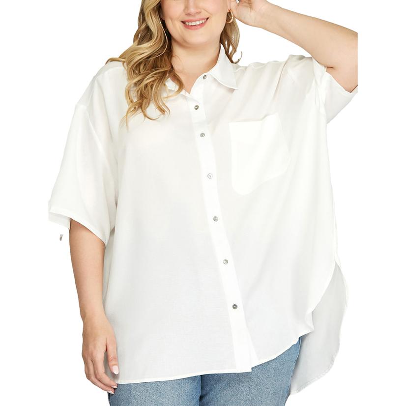 She + Sky White Half Sleeve White Plus Size Women's Button-down Shirt